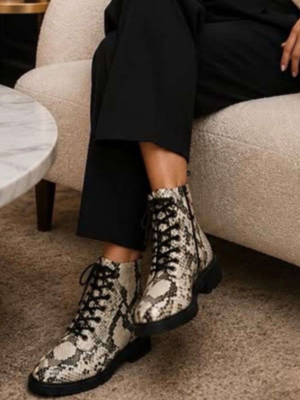 NEW Linea Paolo Trinity combat boots in a cream and black snakeskin print, sz 8